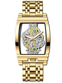 1pc 50m Waterproof Gold Square Skeleton Rust-Proof 316L Stainless Steel Watch With Luminous Hands, Japan Imported Quartz Automatic Movement - High-Quality Built-In Long-Life Japan Battery Luxury Gift For Men's Special Occasions Husband Father Birthday Gift Wedding Souvenir - Gold - View 8