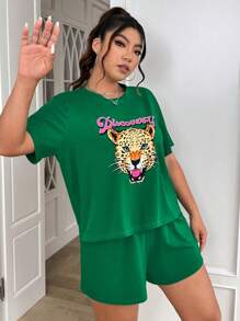 SHEIN EZwear Kích thước lớn Báo In Áo thun Và Bộ quần short - màu xanh lá - Xem 2