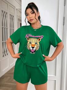 SHEIN EZwear Kích thước lớn Báo In Áo thun Và Bộ quần short - màu xanh lá - Xem 4