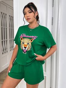 SHEIN EZwear Kích thước lớn Báo In Áo thun Và Bộ quần short - màu xanh lá - Xem 5