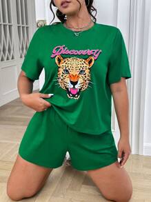 SHEIN EZwear Kích thước lớn Báo In Áo thun Và Bộ quần short - màu xanh lá - Xem 6