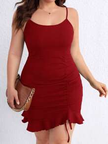 SHEIN Privé Đầm Plus Size Dây kéo Xù Viên lá sen Gân đan màu trơn Thanh lịch - Màu Đỏ Sâu - Xem 3