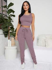 Solid Tank Top & Knot Front Ruched Trousers Lounge Set - Dusty Purple - View 1