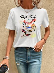 SHEIN LUNE 鞋和標語圖案T恤 - 白色 - 查看 6