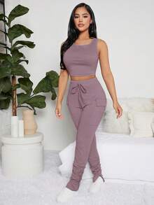 Solid Tank Top & Knot Front Ruched Trousers Lounge Set - Dusty Purple - View 3