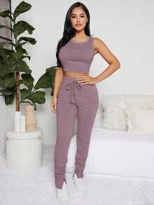 Solid Tank Top & Knot Front Ruched Trousers Lounge Set - Dusty Purple - View 4