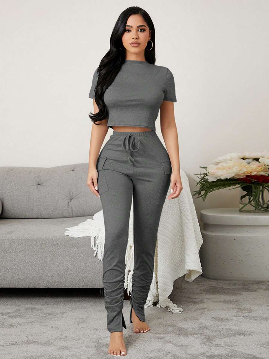 Miss Vinta Mock Neck Tee & Tie Waist Split Hem Trousers Lounge Set - Dark Grey - View 1