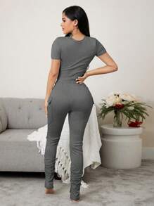Miss Vinta Mock Neck Tee & Tie Waist Split Hem Trousers Lounge Set - Dark Grey - View 2