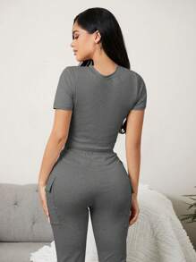 Miss Vinta Mock Neck Tee & Tie Waist Split Hem Trousers Lounge Set - Dark Grey - View 4