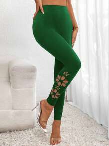 SHEIN LUNE Quần tất nữ Cắt ra màu trơn Giải trí - màu xanh lá - Xem 6