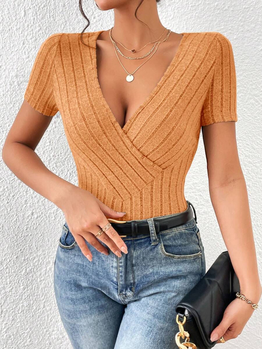 SHEIN Essnce Surplice Neck Ribbed Knit Tee - Coral Orange - View 1