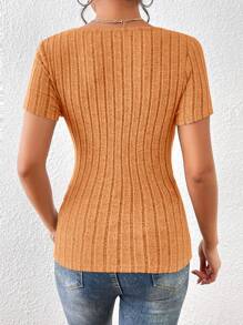SHEIN Essnce Surplice Neck Ribbed Knit Tee - Coral Orange - View 2