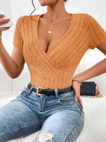 SHEIN Essnce Surplice Neck Ribbed Knit Tee - Coral Orange - View 3