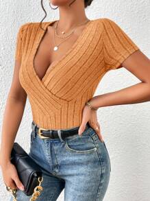 SHEIN Essnce Surplice Neck Ribbed Knit Tee - Coral Orange - View 4