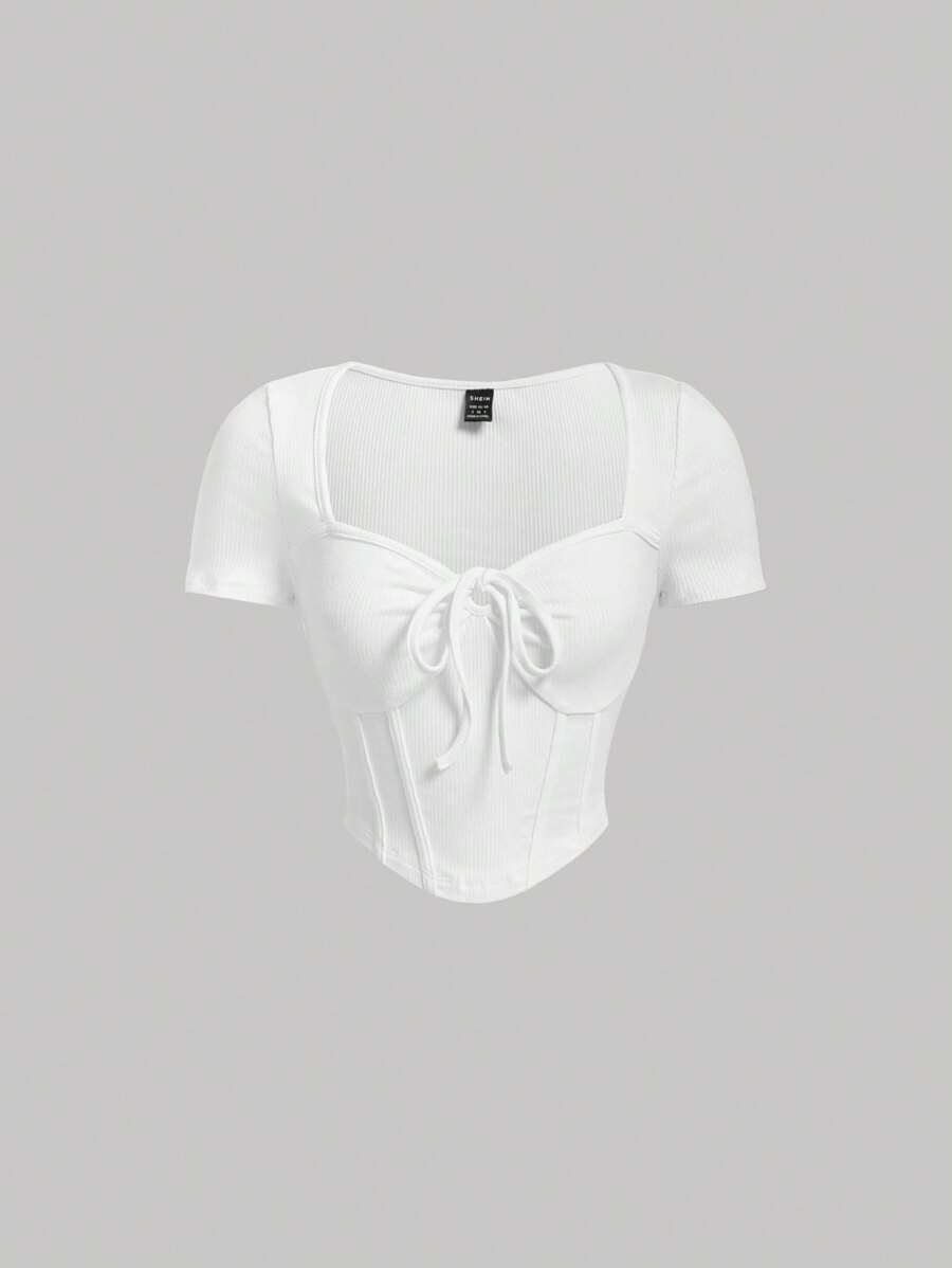 SHEIN MOD 前繫帶弧形下擺短款T恤 - 白色 - 查看 1