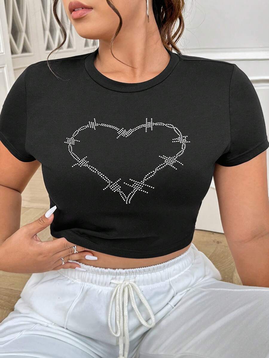 SHEIN EZwear 大碼水鑽愛心圖案短款T恤 - 黑色 - 查看 1