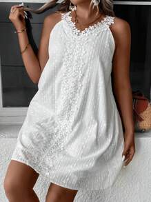 SHEIN LUNE Plus Guipure Lace Panel Swiss Dot Cami Dress - White - View 5