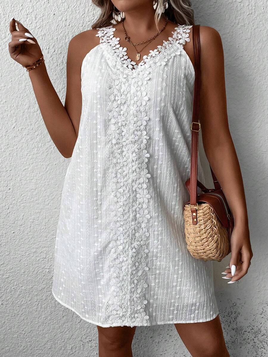 SHEIN LUNE Plus Guipure Lace Panel Swiss Dot Cami Dress - White - View 1