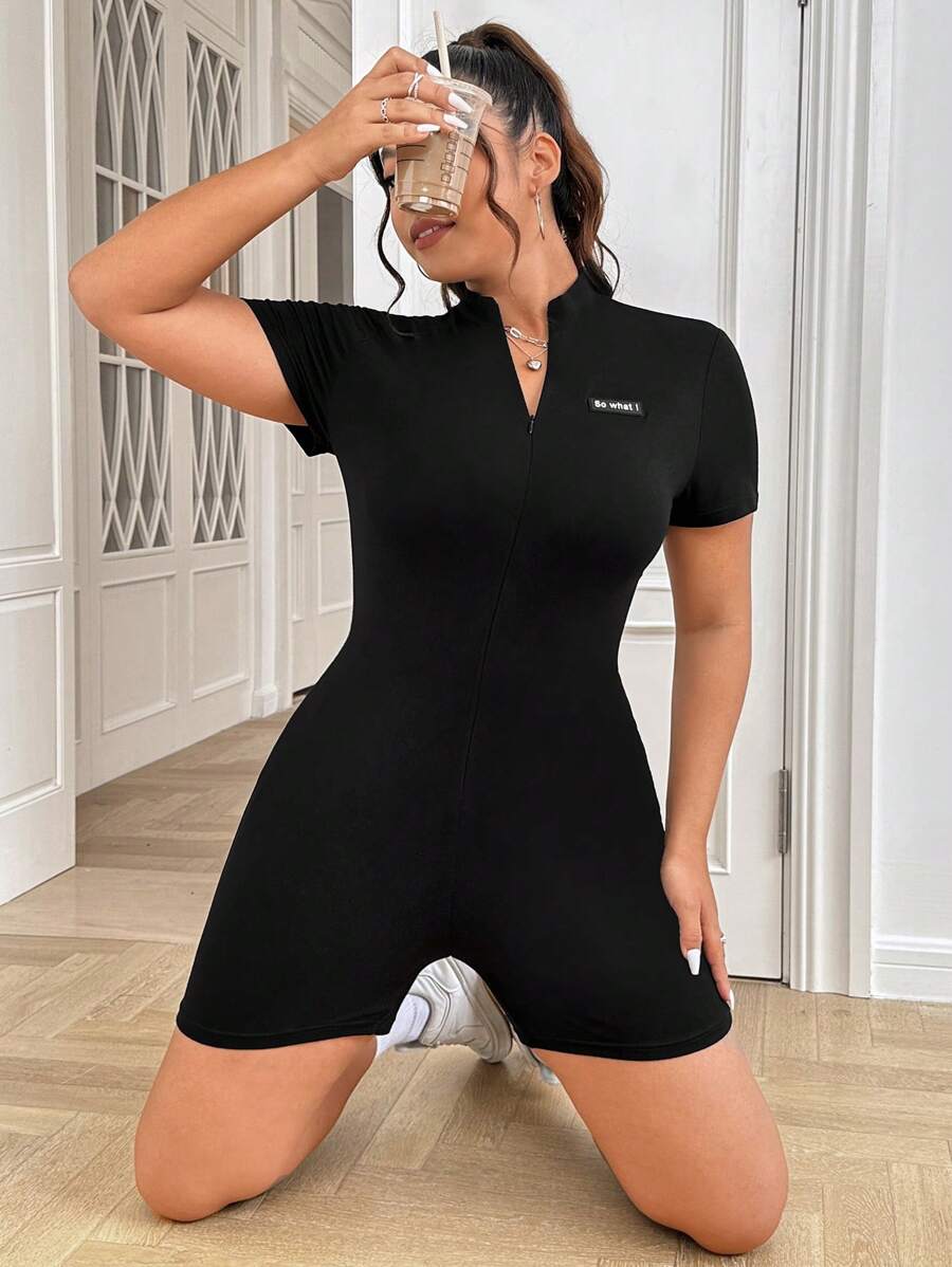 SHEIN EZwear 大碼標語圖案拉鏈開襟彈力緊身連體短褲 - 黑色 - 查看 1