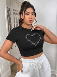 SHEIN EZwear 大碼水鑽愛心圖案短款T恤 - 黑色 - 查看 4