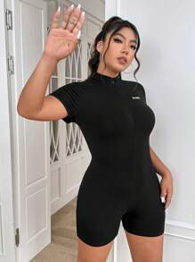 SHEIN EZwear 大碼標語圖案拉鏈開襟彈力緊身連體短褲 - 黑色 - 查看 3