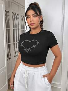 SHEIN EZwear 大碼水鑽愛心圖案短款T恤 - 黑色 - 查看 6