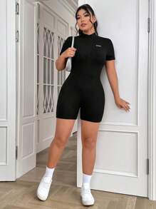 SHEIN EZwear 大碼標語圖案拉鏈開襟彈力緊身連體短褲 - 黑色 - 查看 5