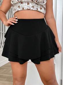 SHEIN EZwear Plus High Waist Two Layer Hem Skort - Black - View 1