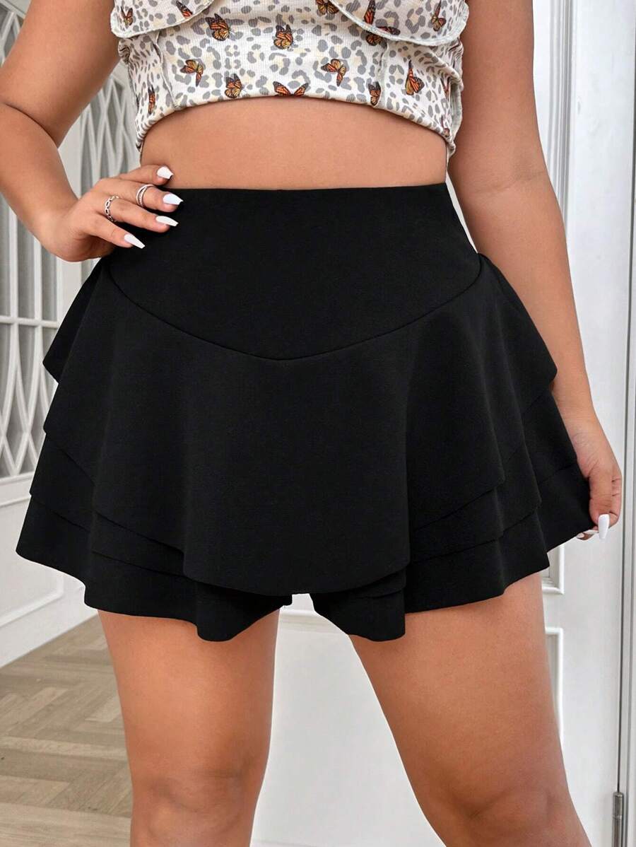 SHEIN EZwear Plus High Waist Two Layer Hem Skort - Black - View 1