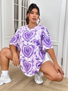 SHEIN EZwear Plus Heart Print Tie Dye Drop Shoulder Tee - Multicolor - View 4