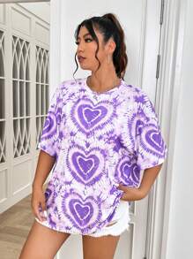 SHEIN EZwear Plus Heart Print Tie Dye Drop Shoulder Tee - Multicolor - View 5