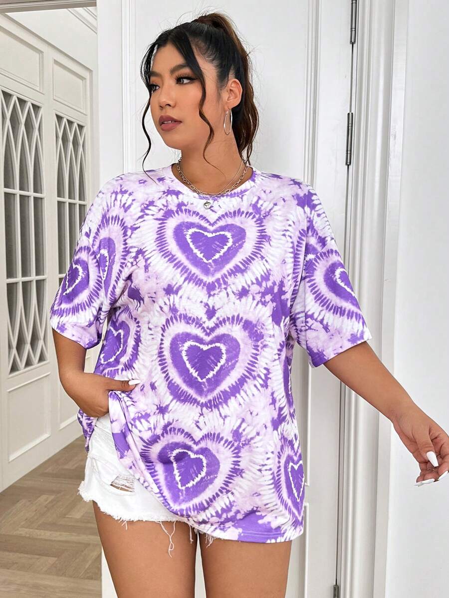 SHEIN EZwear Plus Heart Print Tie Dye Drop Shoulder Tee - Multicolor - View 1