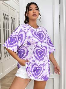 SHEIN EZwear Plus Heart Print Tie Dye Drop Shoulder Tee - Multicolor - View 7