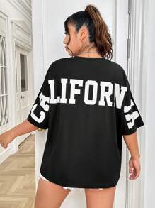 SHEIN EZwear 大碼字母圖案落肩T恤 - 黑色 - 查看 3