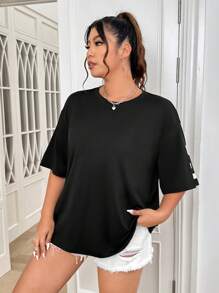 SHEIN EZwear 大碼字母圖案落肩T恤 - 黑色 - 查看 4