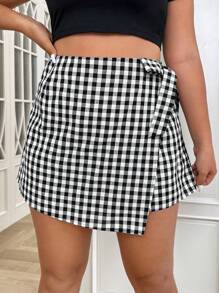 SHEIN Qutie Plus Gingham Tie Side Wrap Skort - Black and White - View 1