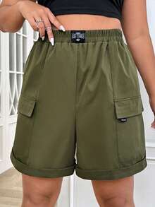 SHEIN Coolane Plus Letter Patched Detail Flap Pocket Side Shorts - Army Green - View 5