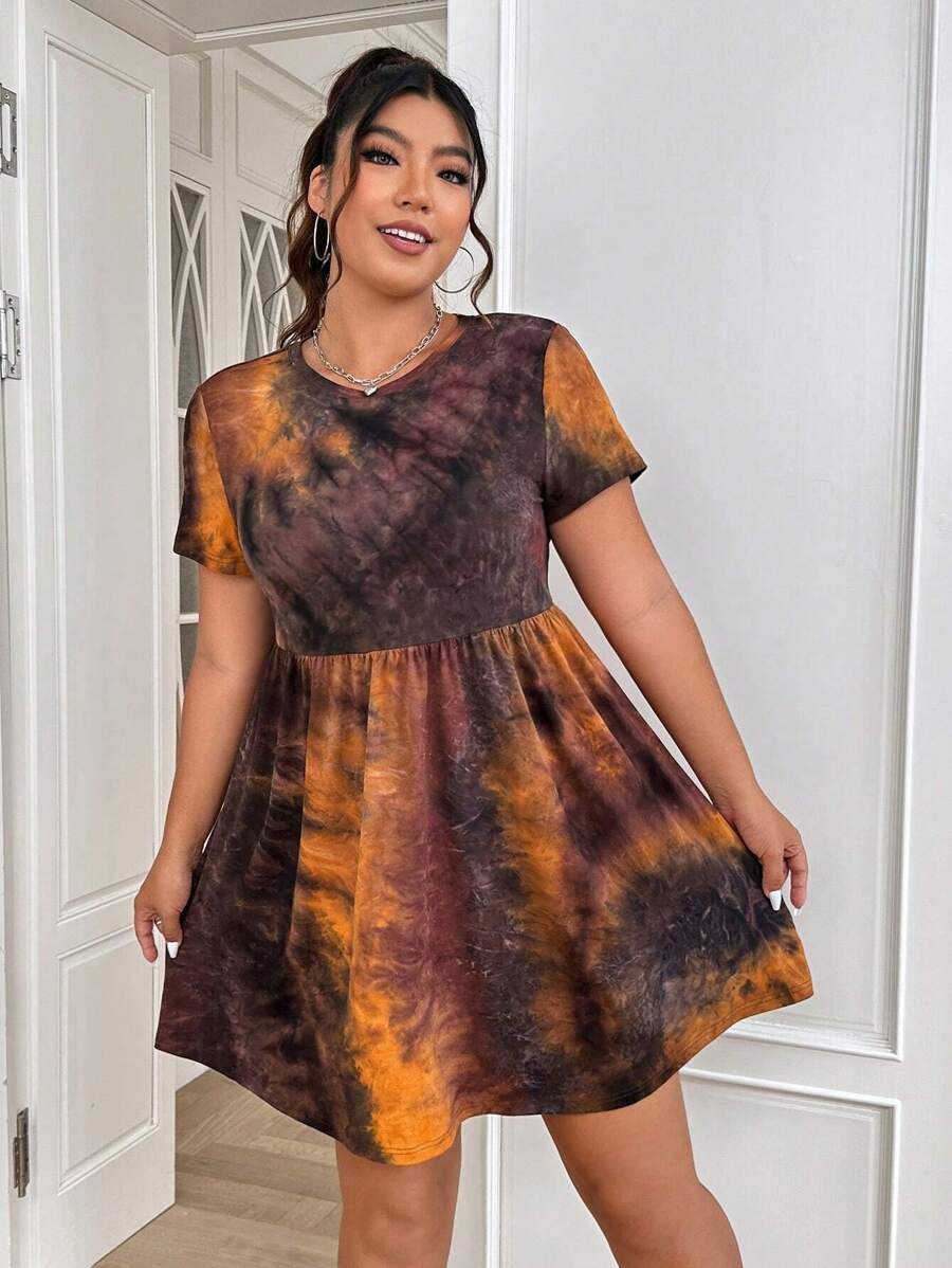 SHEIN EZwear Plus Tie Dye Smock Dress For Summer - Multicolor - View 1