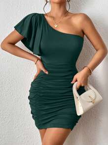 INAWLY Solva One Shoulder Ruched Bodycon Dress - Dark Green - View 1