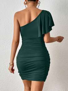 INAWLY Solva One Shoulder Ruched Bodycon Dress - Dark Green - View 2