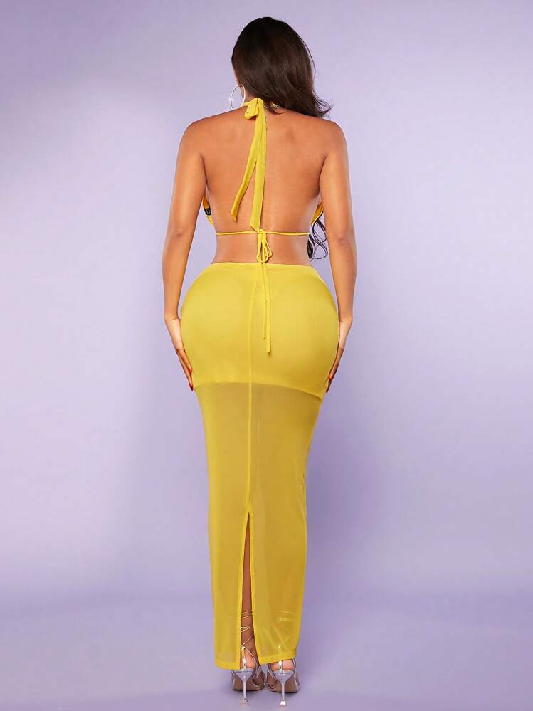 SHEIN SXY Draped Front Backless Halter Top & Mesh Skirt - Yellow - View 3