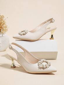 Women Rhinestone & Faux Pearl Decor Slingback Pumps, Point Toe Pyramid Heeled Glamorous Pumps - Beige - View 1