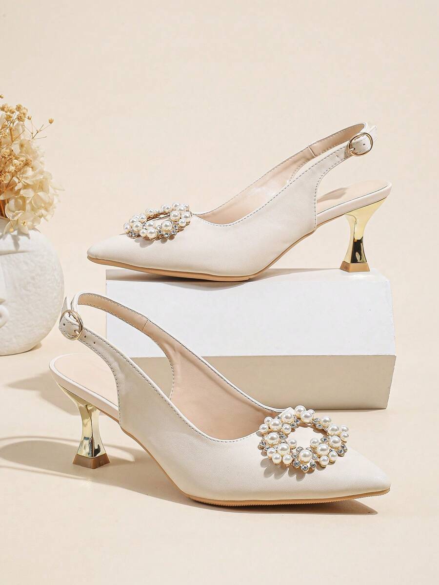 Women Rhinestone & Faux Pearl Decor Slingback Pumps, Point Toe Pyramid Heeled Glamorous Pumps - Beige - View 1