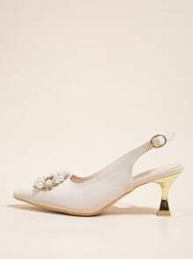 Women Rhinestone & Faux Pearl Decor Slingback Pumps, Point Toe Pyramid Heeled Glamorous Pumps - Beige - View 2