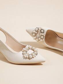 Women Rhinestone & Faux Pearl Decor Slingback Pumps, Point Toe Pyramid Heeled Glamorous Pumps - Beige - View 3