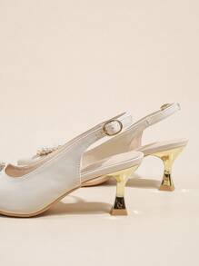 Women Rhinestone & Faux Pearl Decor Slingback Pumps, Point Toe Pyramid Heeled Glamorous Pumps - Beige - View 4