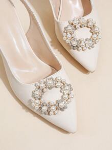 Women Rhinestone & Faux Pearl Decor Slingback Pumps, Point Toe Pyramid Heeled Glamorous Pumps - Beige - View 5