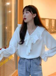 前繫帶荷葉邊襯衫 - 白色 - 查看 1