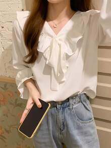 前繫帶荷葉邊襯衫 - 白色 - 查看 3