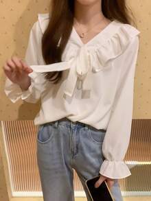 前繫帶荷葉邊襯衫 - 白色 - 查看 4